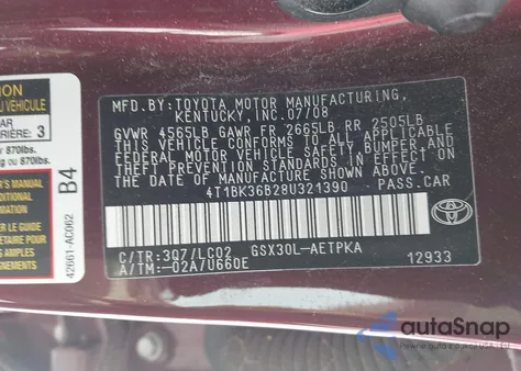 2008 Toyota Avalon Limited z USA, uszkodzony, nr VIN 4T1BK36B28U321390